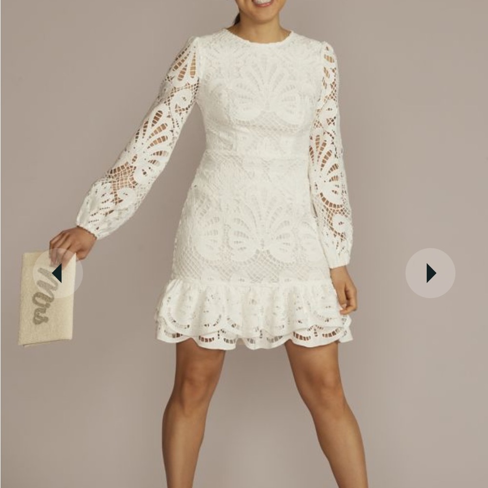 allover lace flounce hem long sleeve dress